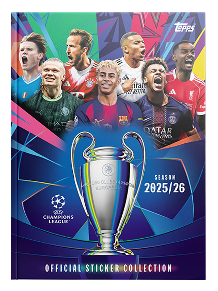 Album Topps UEFA Champions League 2025/2026, 76 pagini, set cu 3 pachete, hardcover